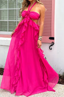 Load image into Gallery viewer, Fuchsia Floral Cut Out A Line Halter Maxi Prom Dress with Ruffles