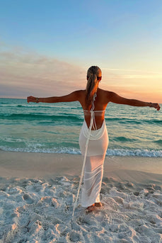 Simple White Sheath Halter Backless Boho Maxi Prom Dress