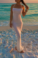 Load image into Gallery viewer, Simple White Sheath Halter Backless Boho Maxi Prom Dress