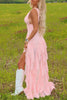 Load image into Gallery viewer, Pink High-Low A Line Ruffled V-Neck Maxi Prom Dress