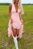 Load image into Gallery viewer, Pink High-Low A Line Ruffled V-Neck Maxi Prom Dress
