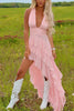 Load image into Gallery viewer, Pink High-Low A Line Ruffled V-Neck Maxi Prom Dress