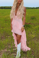 Load image into Gallery viewer, Pink High-Low A Line Ruffled V-Neck Maxi Prom Dress