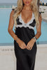 Load image into Gallery viewer, Black Sheath V Neck Maxi Prom Dress with Lace