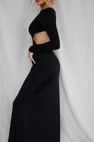 Load image into Gallery viewer, Black Cut Out Sheath Round Neck Maxi Prom Dress with Long Sleeves