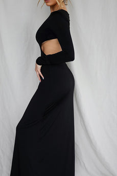 Black Cut Out Sheath Round Neck Maxi Prom Dress with Long Sleeves