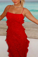 Load image into Gallery viewer, Red Sheath Ruffled Spaghetti Straps Long Prom Dress with Slit