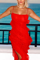 Load image into Gallery viewer, Red Sheath Ruffled Spaghetti Straps Long Prom Dress with Slit
