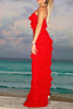 Load image into Gallery viewer, Red Sheath Ruffled Spaghetti Straps Long Prom Dress with Slit