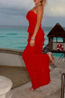 Load image into Gallery viewer, Red Sheath Ruffled Spaghetti Straps Long Prom Dress with Slit