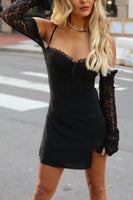 Load image into Gallery viewer, Black Bodycon Cold Shoulder Mini Birthday Dress with Lace Sleeves