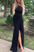 Load image into Gallery viewer, Black One Shoulder Maxi Mermaid Formal Dress with Slit