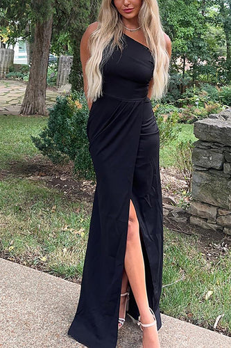 Black One Shoulder Maxi Mermaid Formal Dress with Slit