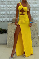 Load image into Gallery viewer, Yellow Cut Out One Shoulder Maxi Prom Dress with Slit