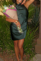 Load image into Gallery viewer, Dark Green Satin Bodycon Halter Backless Mini Birthday Dress