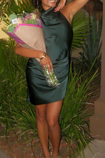 Dark Green Satin Bodycon Halter Backless Mini Birthday Dress