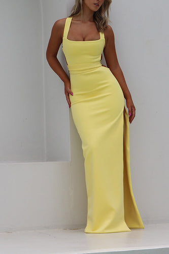 Yellow Square Neck Sheath Long Formal Dress with Slit
