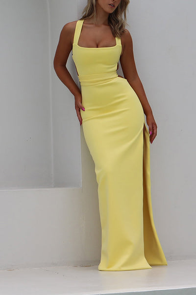 Yellow Square Neck Sheath Long Formal Dress with Slit
