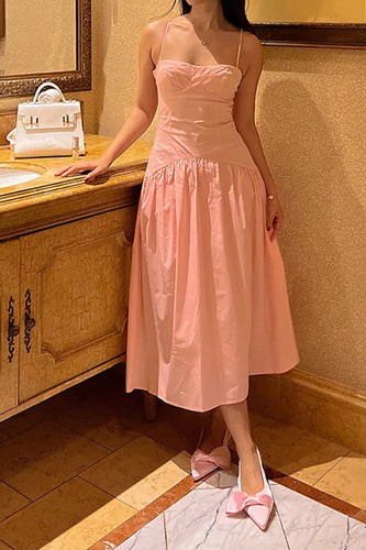 Pink Spaghetti Straps A Line Long Wedding Guest Dress