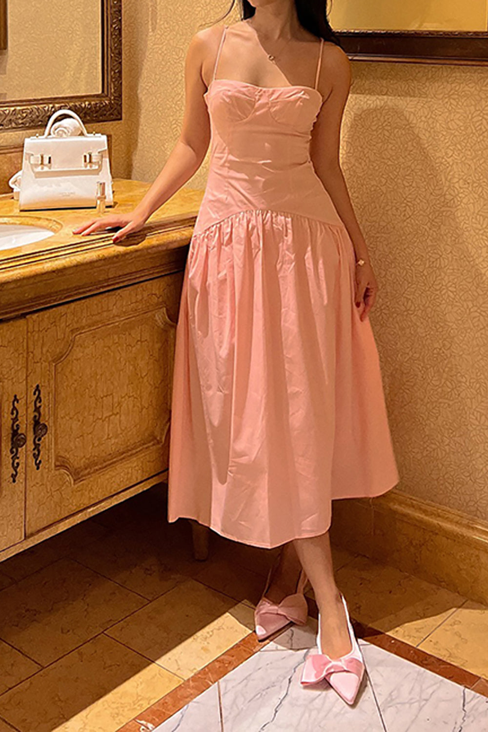 Pink Spaghetti Straps A Line Long Wedding Guest Dress