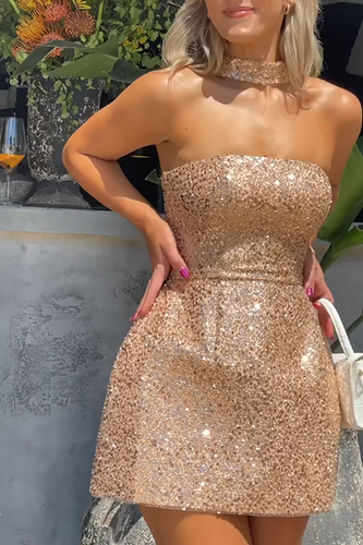 Sparkly Gold Sequin A Line Mini Birthday Dress