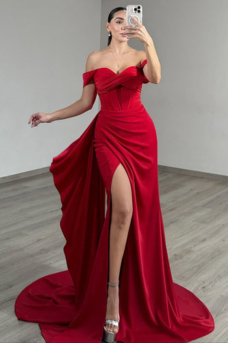 Red Satin Off the Shoulder Long Corset Prom Dress with Side Cape