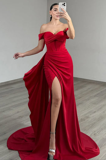 Red Satin Off the Shoulder Long Corset Prom Dress with Side Cape