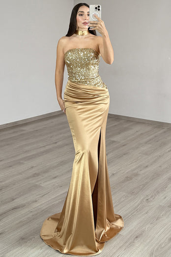 Sparkly Golden Satin Mermaid Strapless Long Prom Dress with Sequin