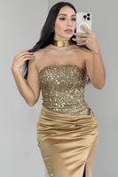 Load image into Gallery viewer, Sparkly Golden Satin Mermaid Strapless Long Prom Dress with Sequin