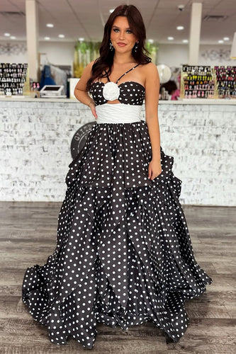 Black and White Dot A Line Halter Floral Long Prom Dress with Ruffles