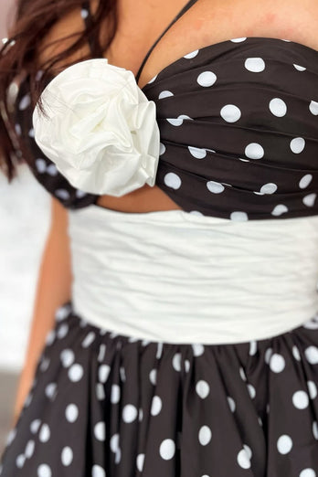 Black and White Dot A Line Halter Floral Long Prom Dress with Ruffles