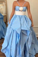 Load image into Gallery viewer, Black and White Dot A Line Halter Floral Long Prom Dress with Ruffles