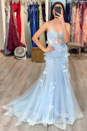 Blue Tulle Long Corset Prom Dress with Appliques