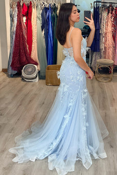 Blue Tulle Long Corset Prom Dress with Appliques