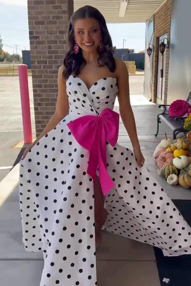 Load image into Gallery viewer, Fuchsia Polka Dots Sweetheart A Line Long Prom Dress with Bow