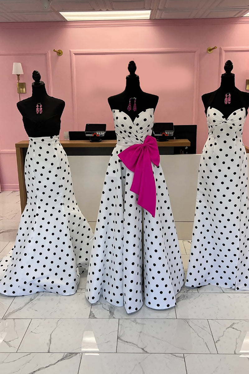 Load image into Gallery viewer, Fuchsia Polka Dots Sweetheart A Line Long Prom Dress with Bow