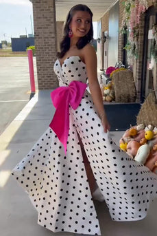 Fuchsia Polka Dots Sweetheart A Line Long Prom Dress with Bow