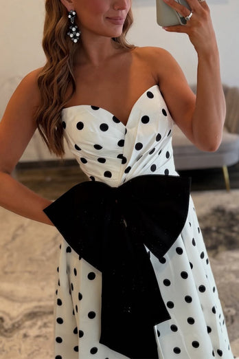 Fuchsia A Line Polka Dots Sweetheart Long Prom Dress with Bow