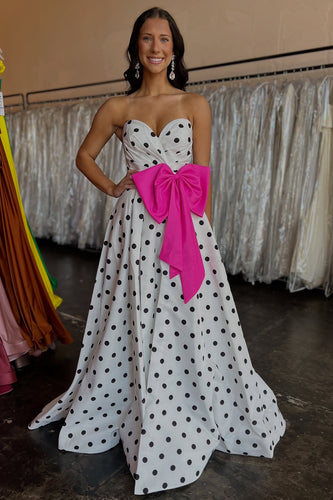 Fuchsia A Line Polka Dots Sweetheart Long Prom Dress with Bow
