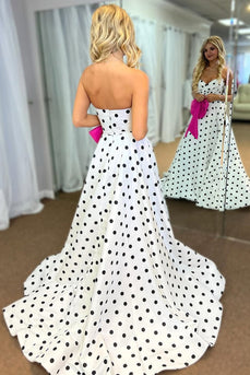 Fuchsia A Line Polka Dots Sweetheart Long Prom Dress with Bow
