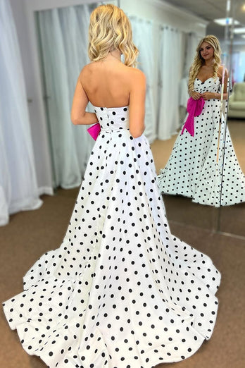 Fuchsia A Line Polka Dots Sweetheart Long Prom Dress with Bow
