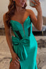 Load image into Gallery viewer, Sparkly Green Strapless Mermaid Satin Long Beaded Corset Prom Dress with Bow