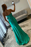 Load image into Gallery viewer, Sparkly Green Strapless Mermaid Satin Long Beaded Corset Prom Dress with Bow