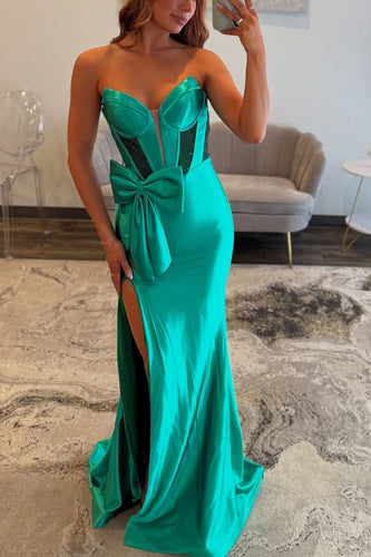 Sparkly Green Strapless Mermaid Satin Long Beaded Corset Prom Dress with Bow