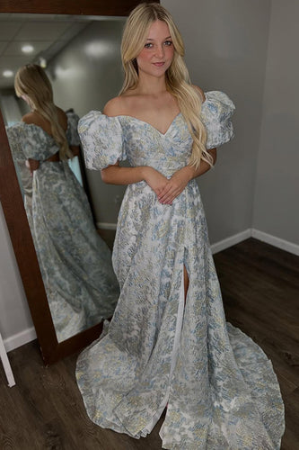 Grey Blue Floral Off the Shoulder A Line Long Prom Dress with Sleeves