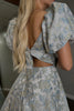 Load image into Gallery viewer, Grey Blue Floral Off the Shoulder A Line Long Prom Dress with Sleeves