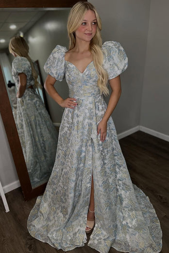 Grey Blue Floral Off the Shoulder A Line Long Prom Dress with Sleeves