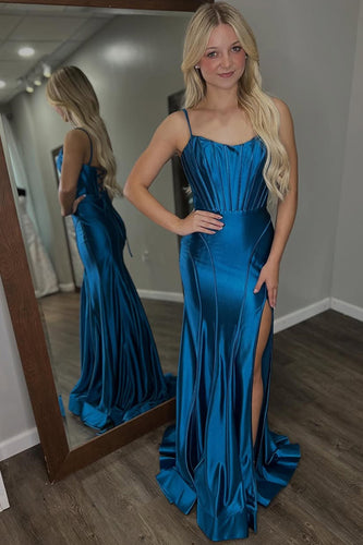 Dark Blue Satin Spaghetti Straps Long Corset Prom Dress with Slit
