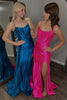 Load image into Gallery viewer, Dark Blue Satin Spaghetti Straps Long Corset Prom Dress with Slit