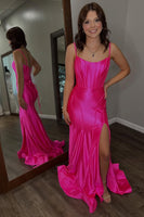 Load image into Gallery viewer, Dark Blue Satin Spaghetti Straps Long Corset Prom Dress with Slit